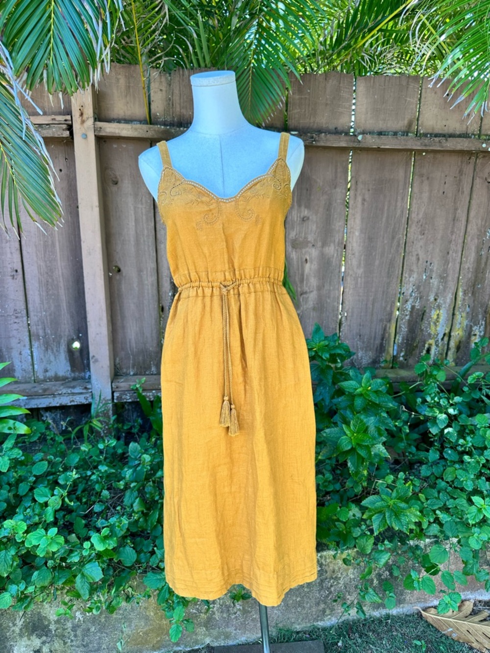 J. Crew Embroidered Linen Drawstring Midi Dress Size 0 Golden Brandy